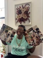 Jessica & Amani Ariel-Wamala with their wedding audio archive vinyl artwork.