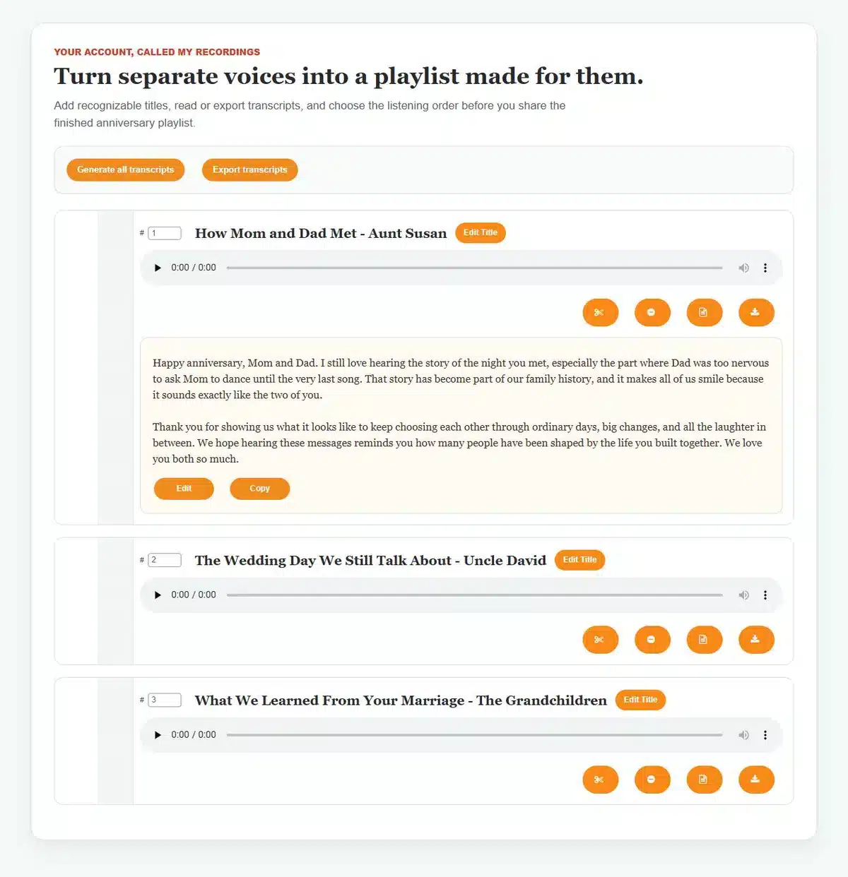My Recordings showing anniversary message titles, transcript controls, reordering, and a family tribute transcript