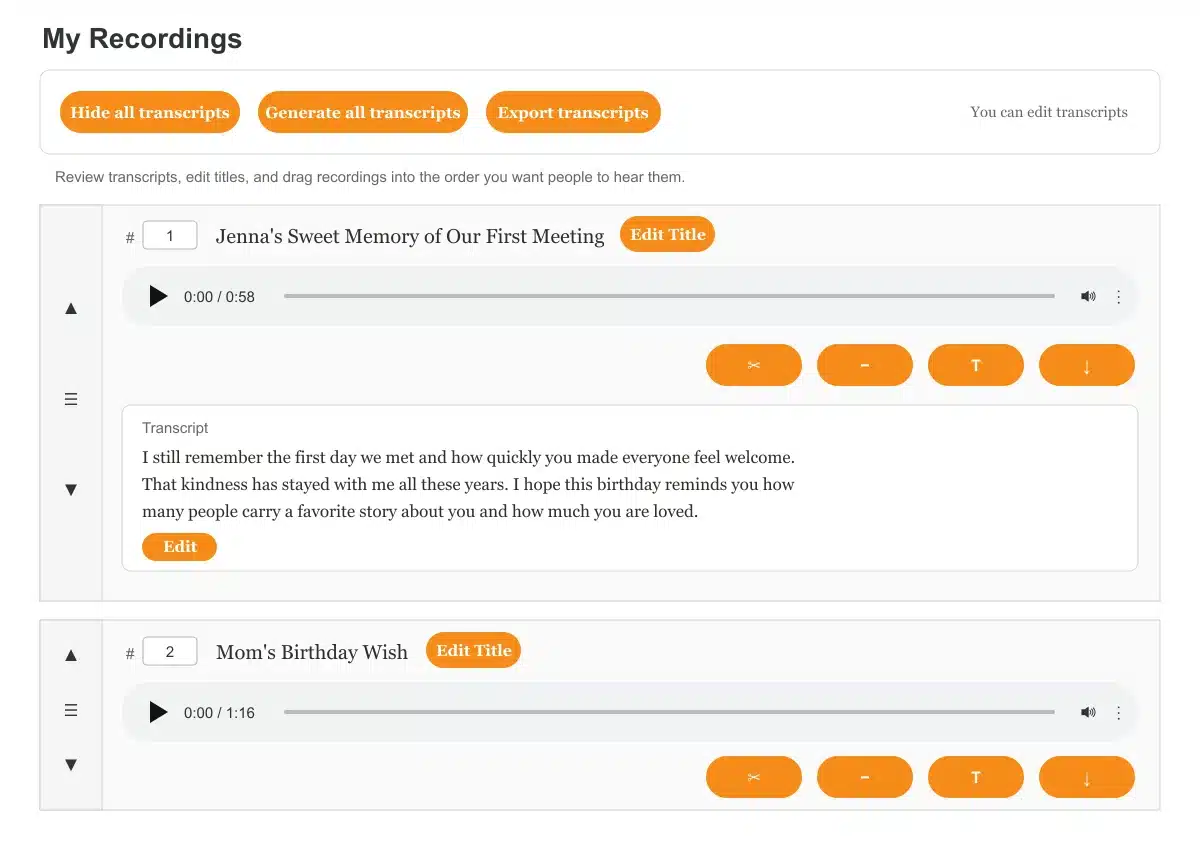 My Recordings showing birthday titles, transcript controls, reordering, and an expanded transcript