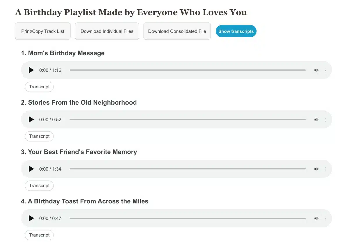 LifeOnRecord Playlist Page with recordings ready to play in the chosen order