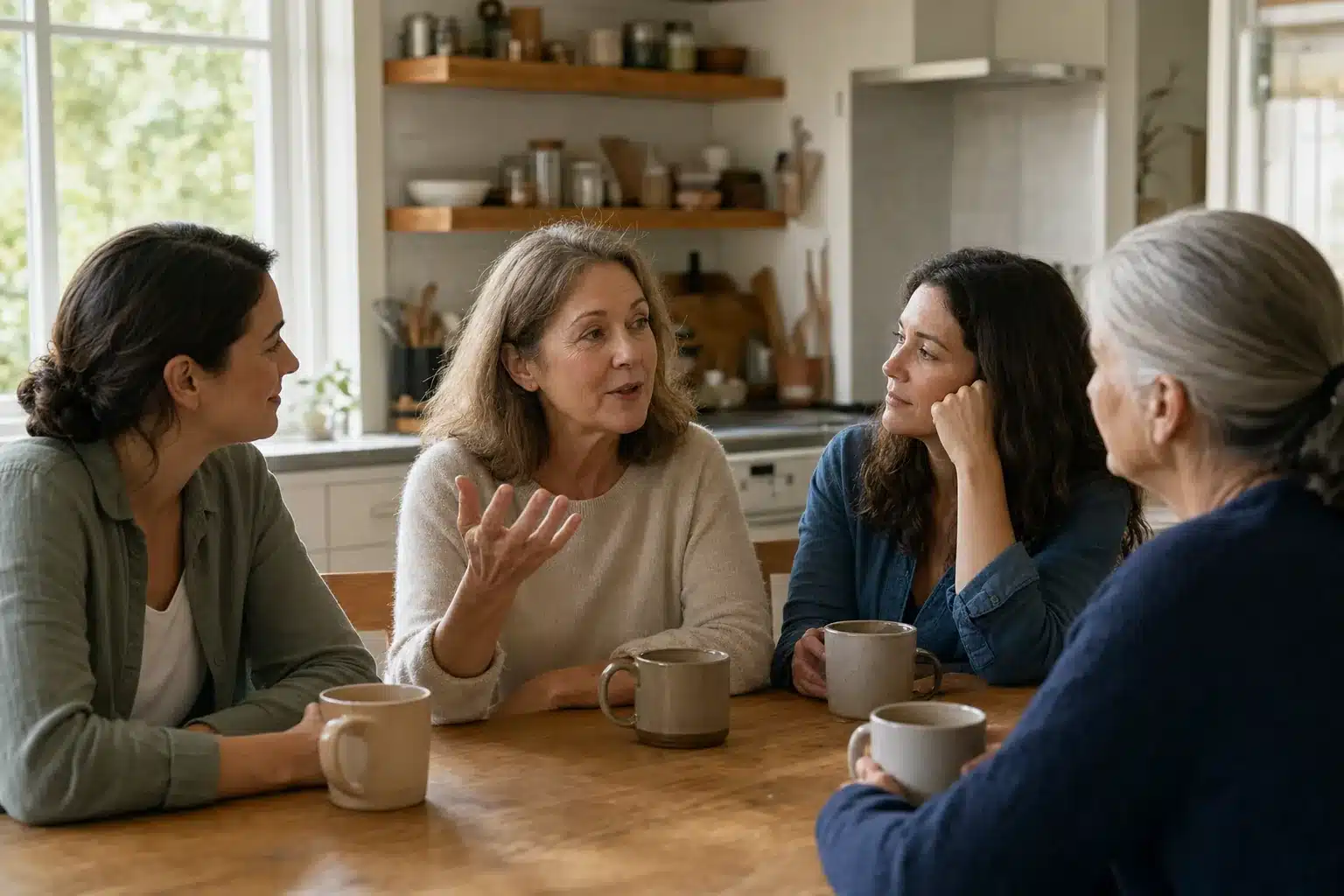 A woman shares a story at a kitchen table while three family members listen.