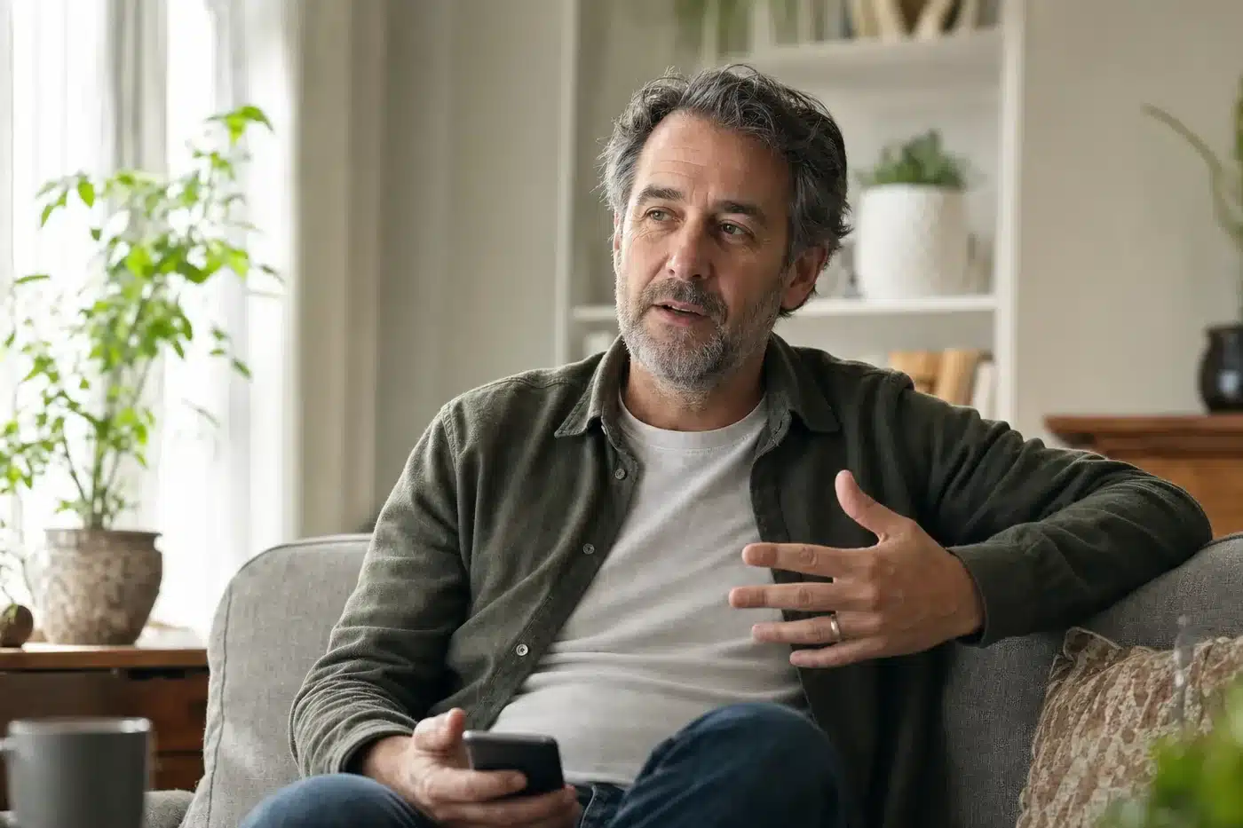A man records a personal story on his phone at home.