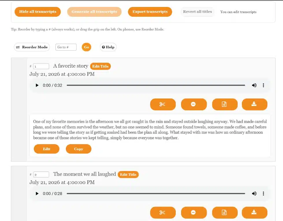 LifeOnRecord My Recordings page showing voice messages with playback, transcript, title editing, download, and reordering controls