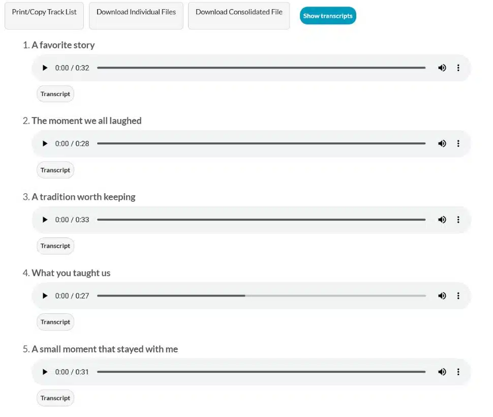 LifeOnRecord Playlist Page showing five voice messages with playback, transcript, track-list, and download controls