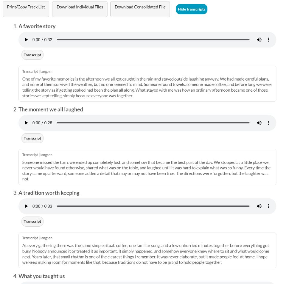 LifeOnRecord Playlist Page showing voice messages with playback and expanded transcript text