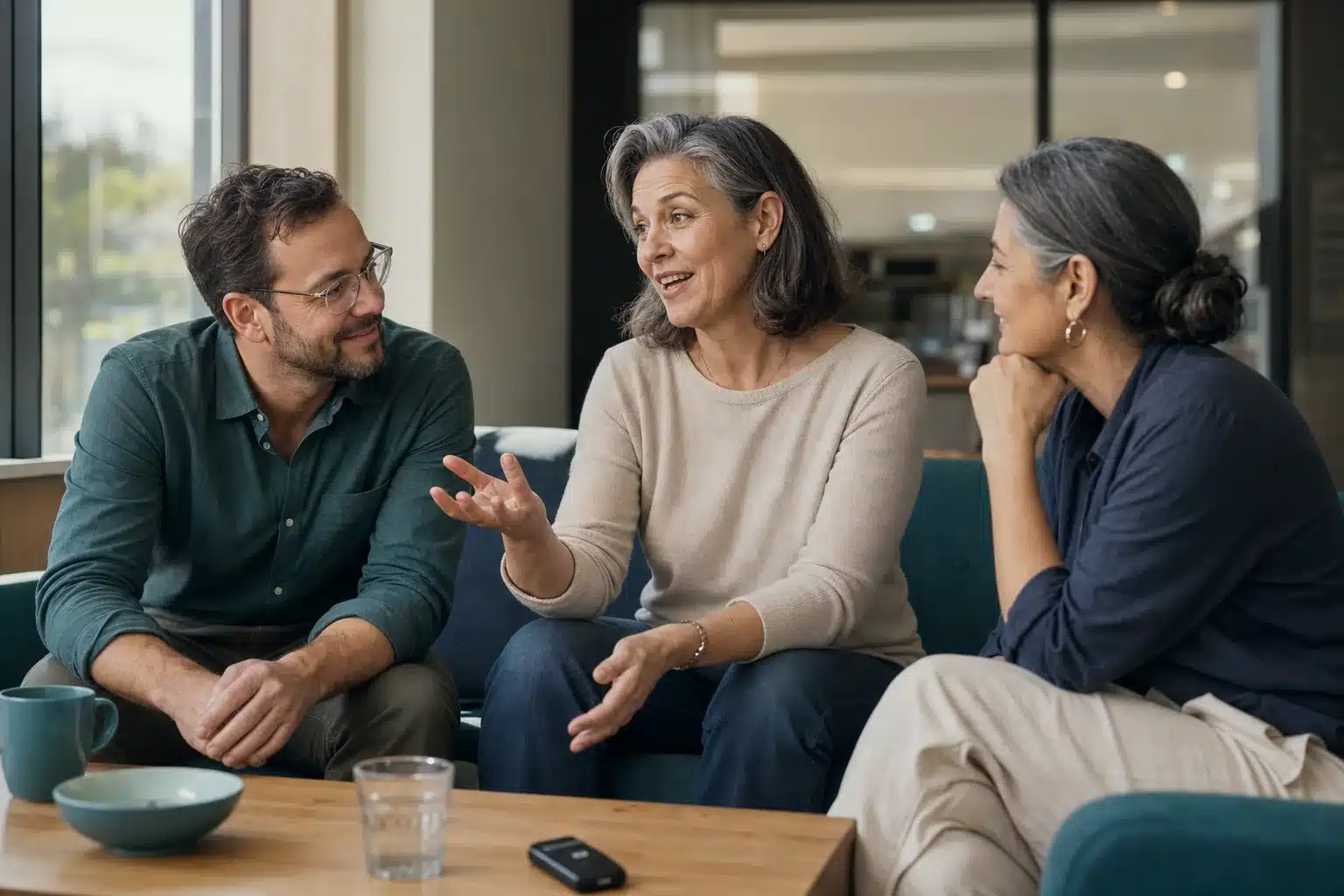A colleague shares a story while two coworkers listen in a relaxed office lounge.
