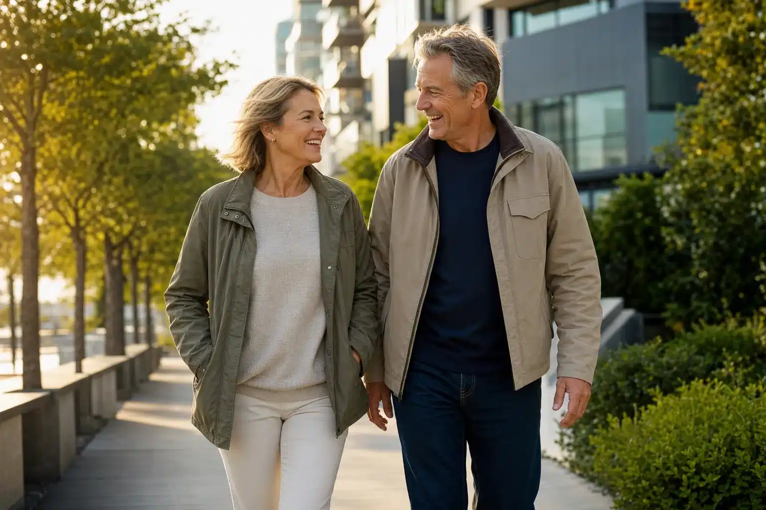 A couple in their early 60s walking hand in hand on a city greenway.
