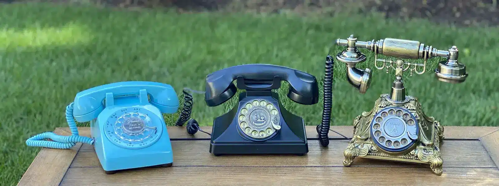 Turquoise, black, and Victorian LifeOnRecord wedding phones displayed together