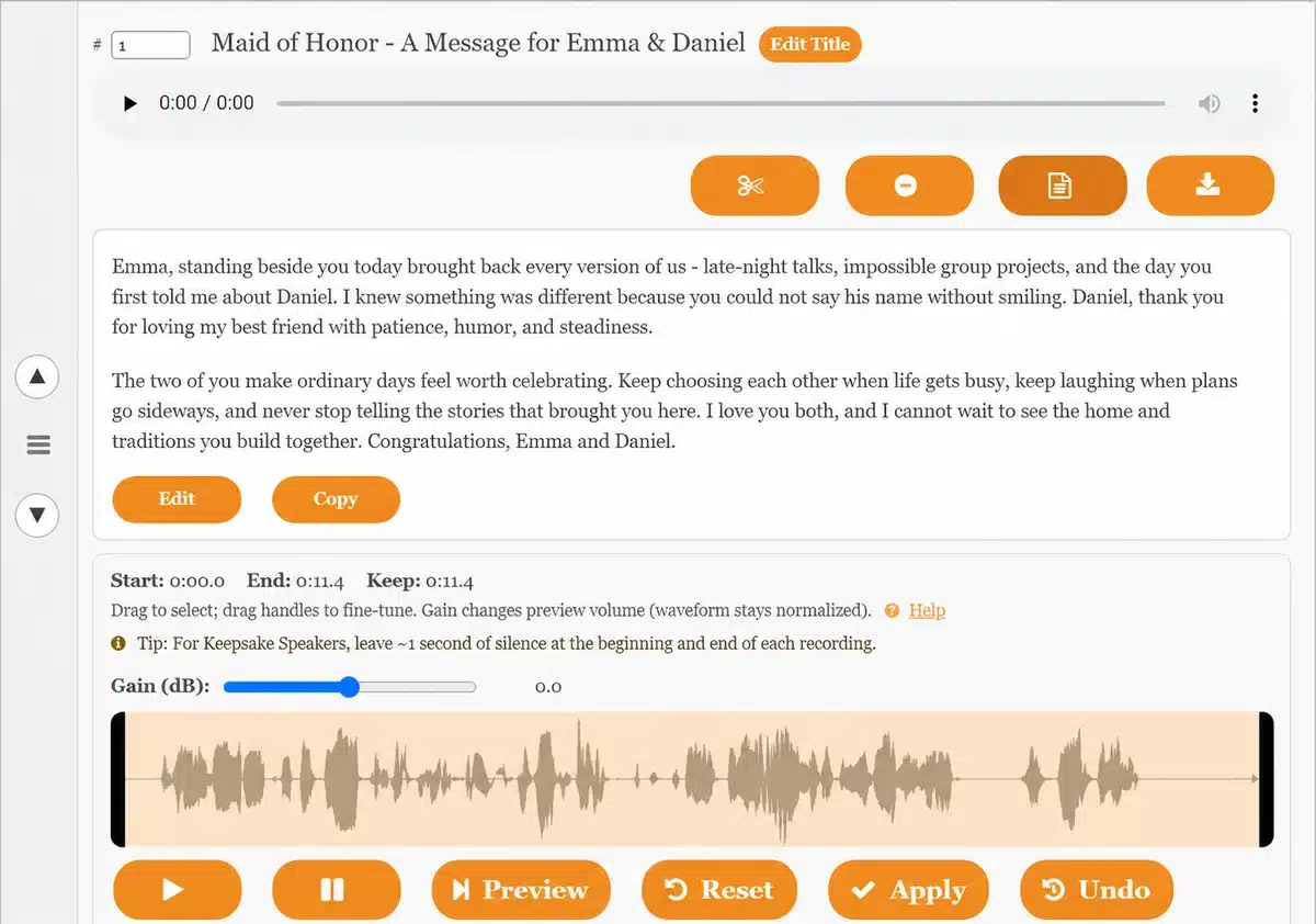 My Recordings showing a two-paragraph maid of honor message, transcript, and waveform controls