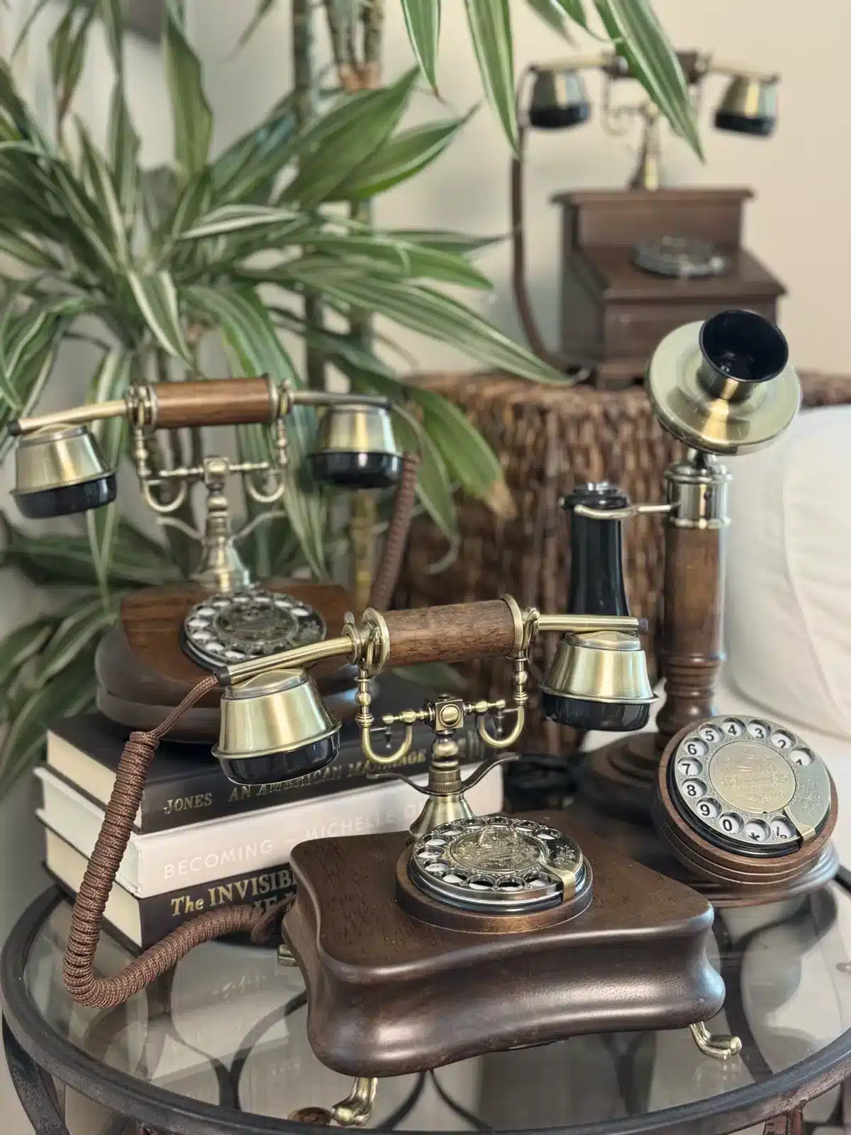 Wood and brass LifeOnRecord phones arranged among plants and books