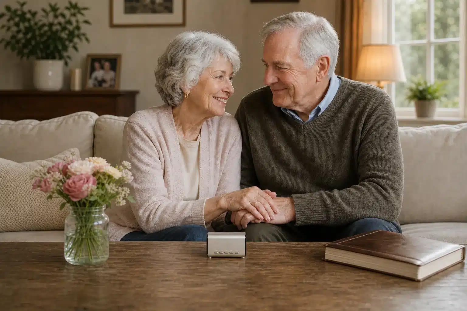 An older couple listen together to anniversary messages on a silver Keepsake Speaker