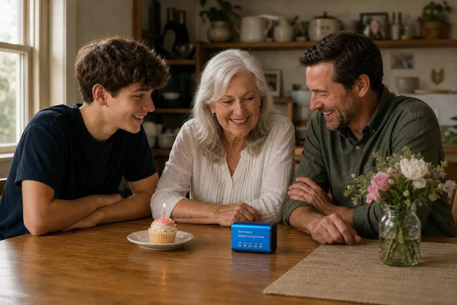 A woman listens to birthday messages with her son and grandson on a blue Keepsake Speaker