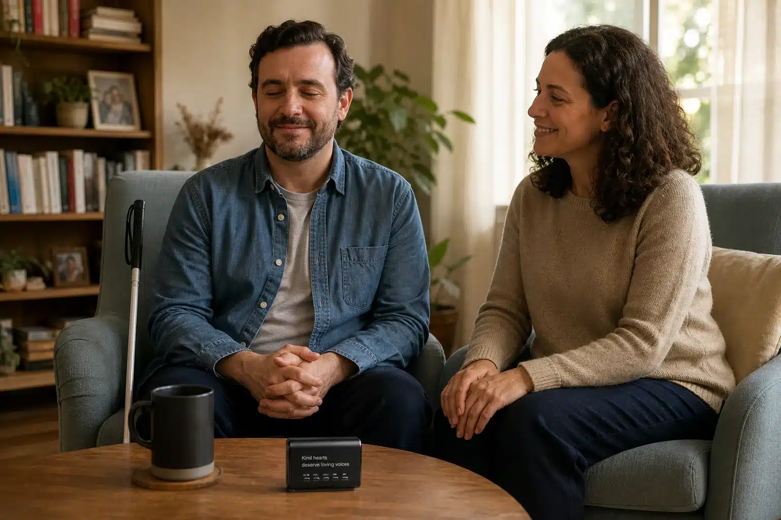 A man and his sister listen together as a small black Keepsake Speaker plays beside a white cane.