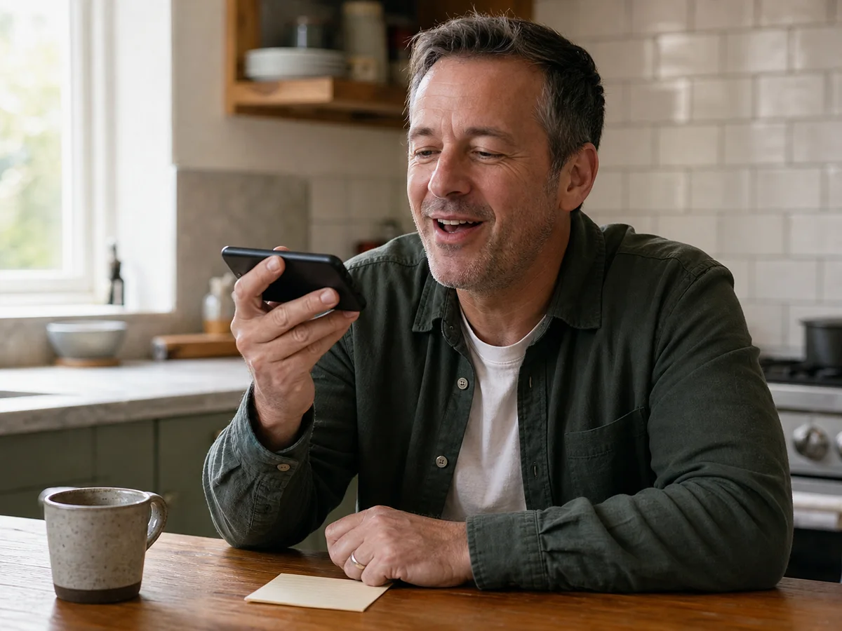A loved one recording a personal voice message on a smartphone at home