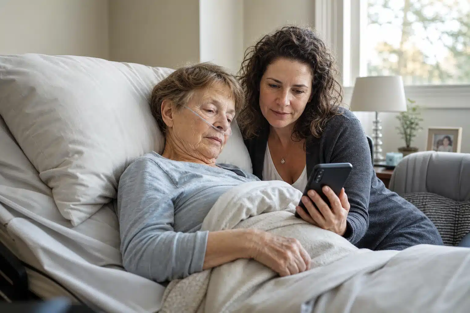 An older woman receiving hospice care listens to a voice message with her daughter at her bedside