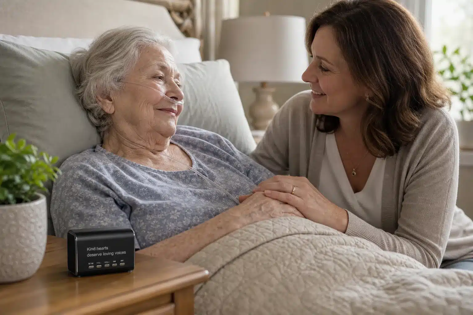 A mother receiving hospice care listens with her daughter to a black Keepsake Speaker