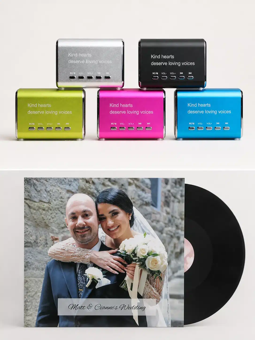 Five colorful LifeOnRecord Keepsake Speakers above a personalized wedding vinyl record