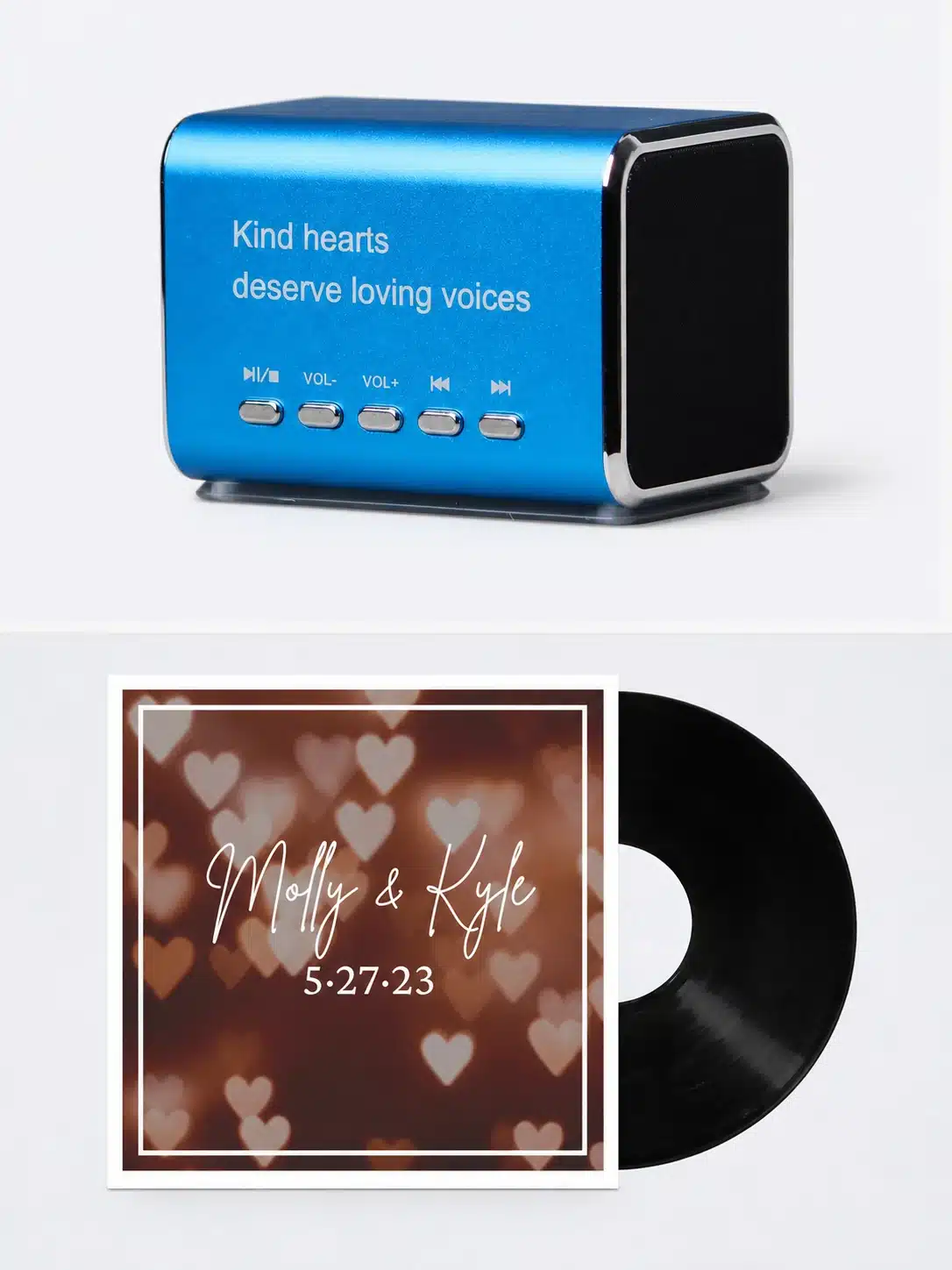 Blue LifeOnRecord Keepsake Speaker above a personalized wedding vinyl record