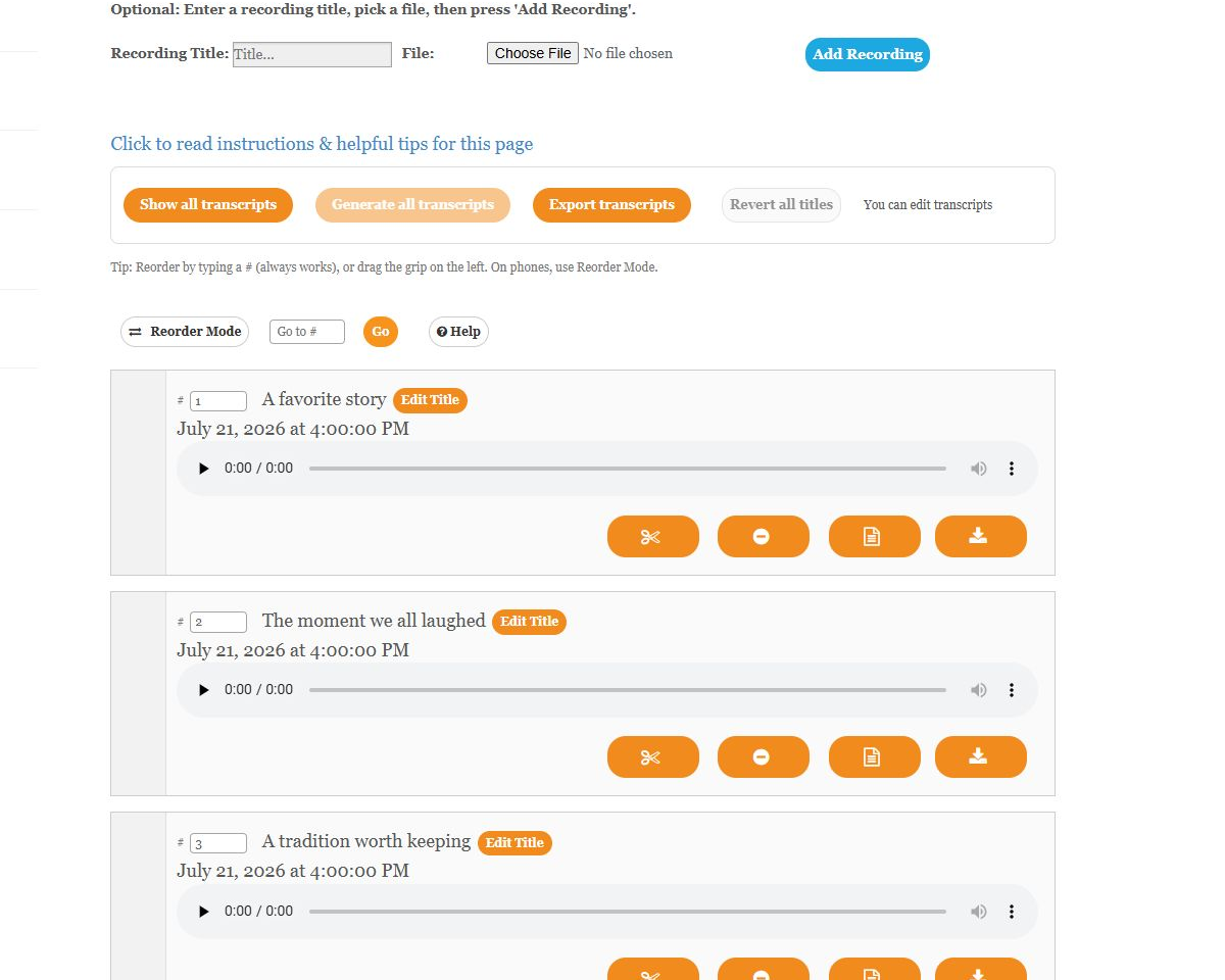 My Recordings workspace showing recording titles, reorder controls, transcript tools, and recording actions.
