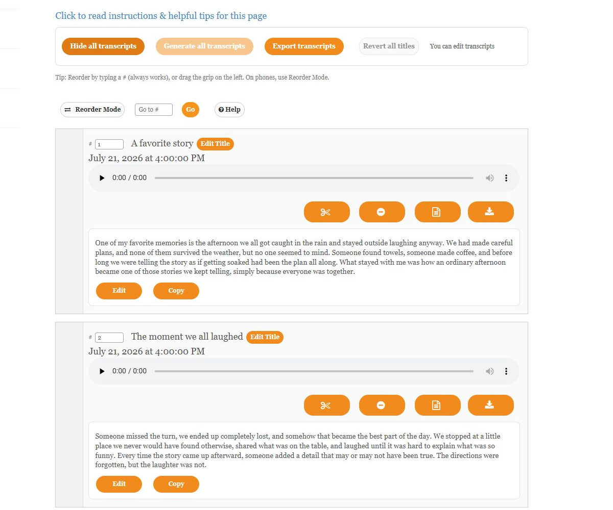 My Recordings with a voice-message transcript open beneath the recording controls.