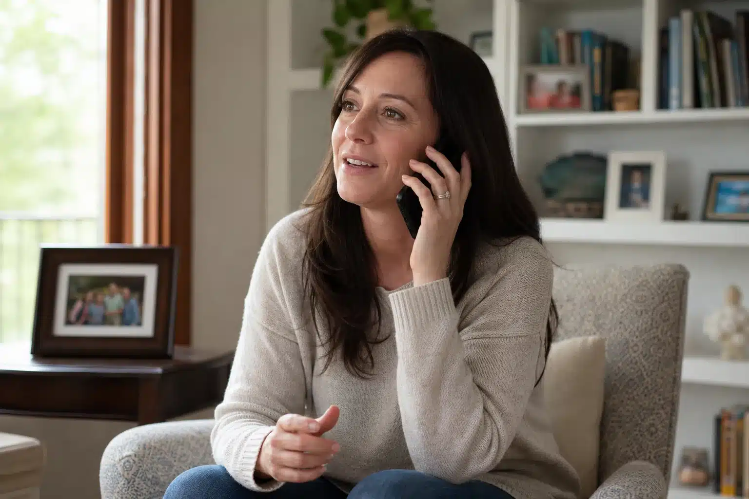 A woman holds a phone to her ear while sharing a voice message for her parents