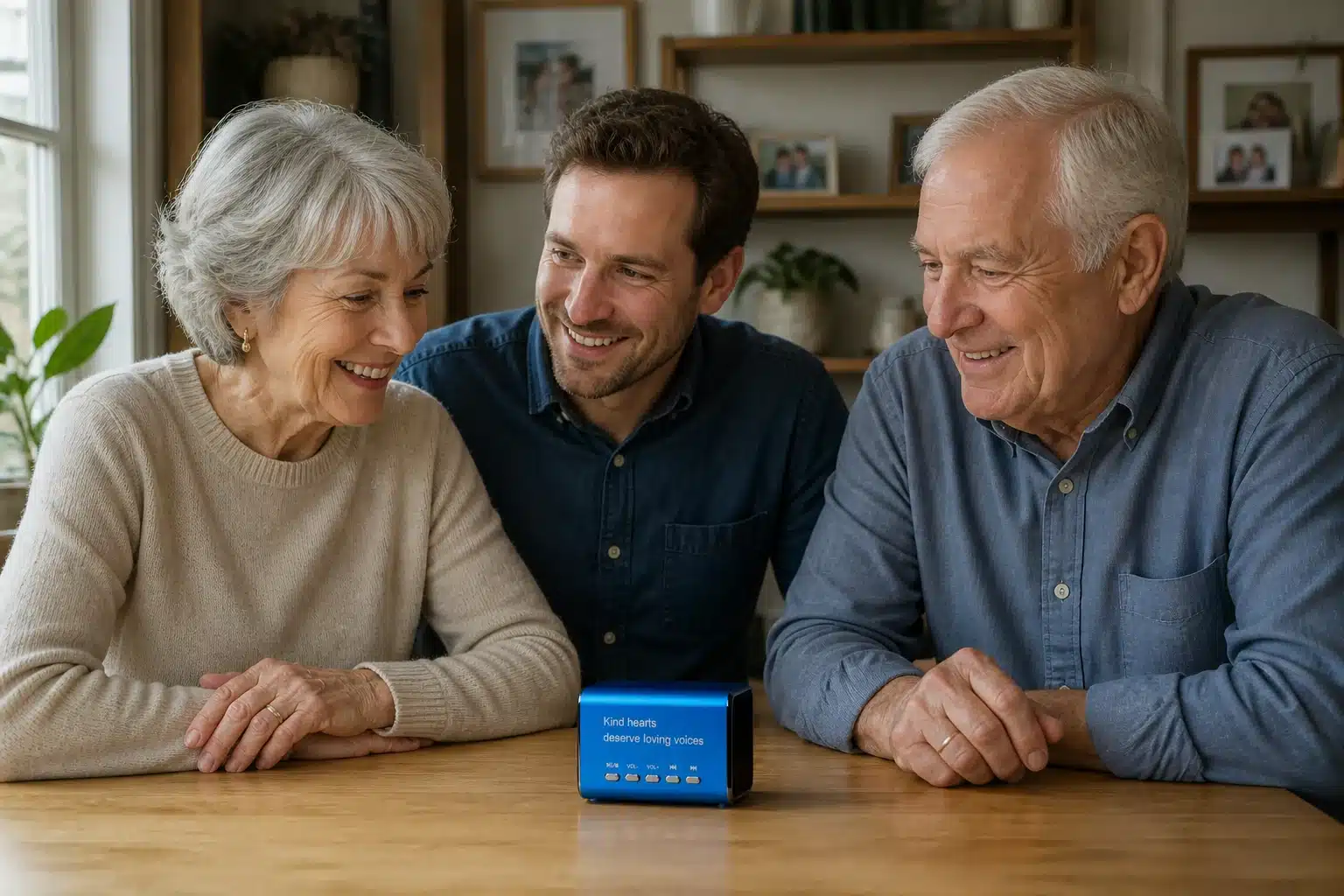 An older couple and their adult son listen to a Keepsake Speaker together at home