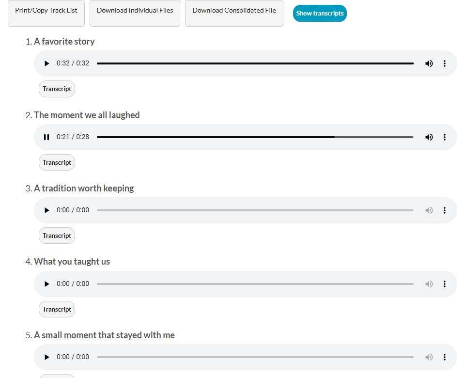 Private Playlist Page showing five titled voice recordings with listening, transcript, and download controls.