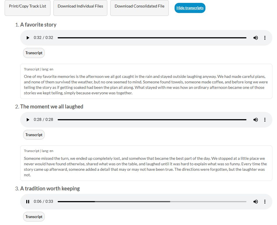 Private Playlist Page with transcripts expanded beneath titled voice recordings.