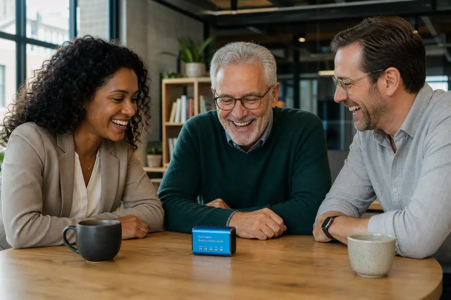 A retiree listens to messages with two former colleagues on a blue Keepsake Speaker