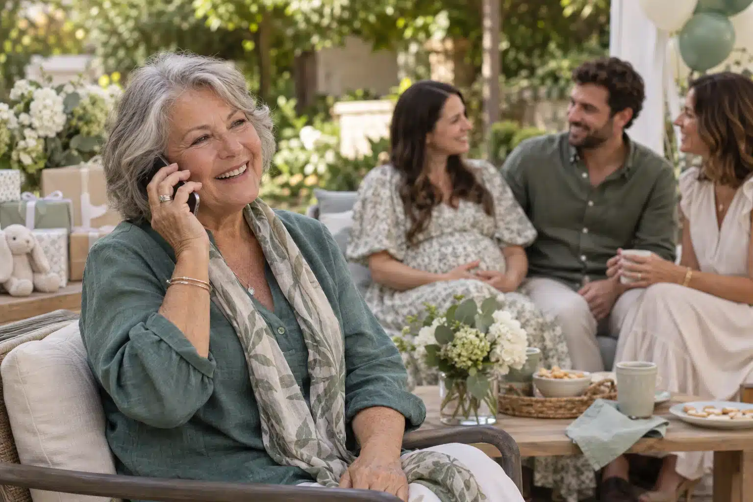 An older guest smiles as she speaks on her own phone at a garden baby shower.