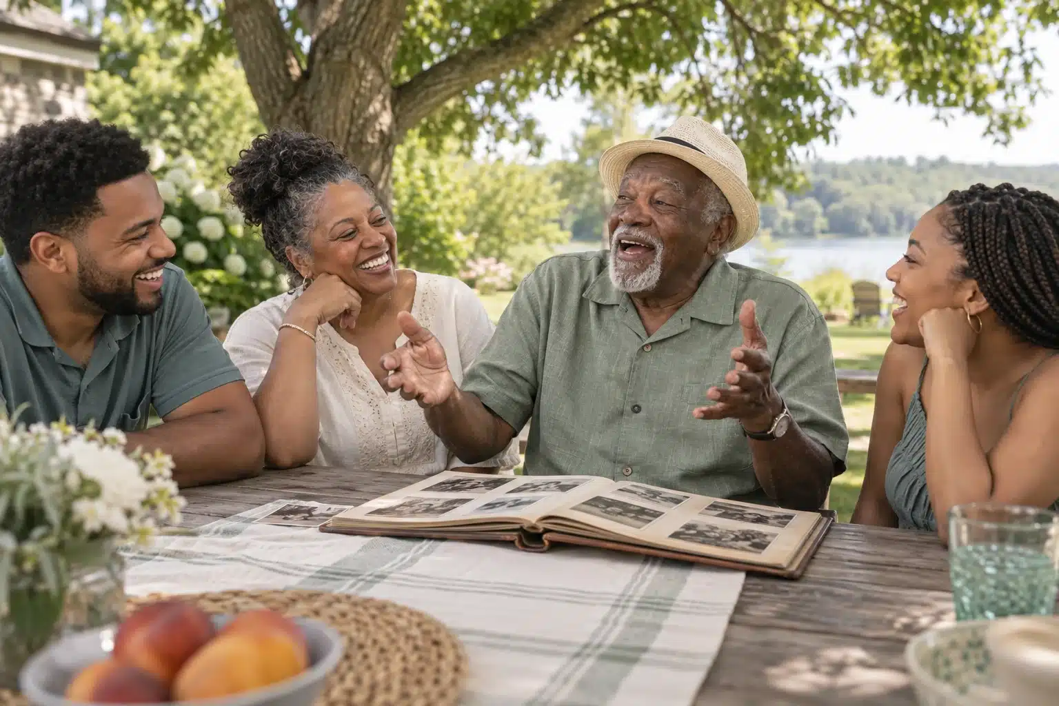 Three generations laugh together as an older relative tells a story over a family photo album.
