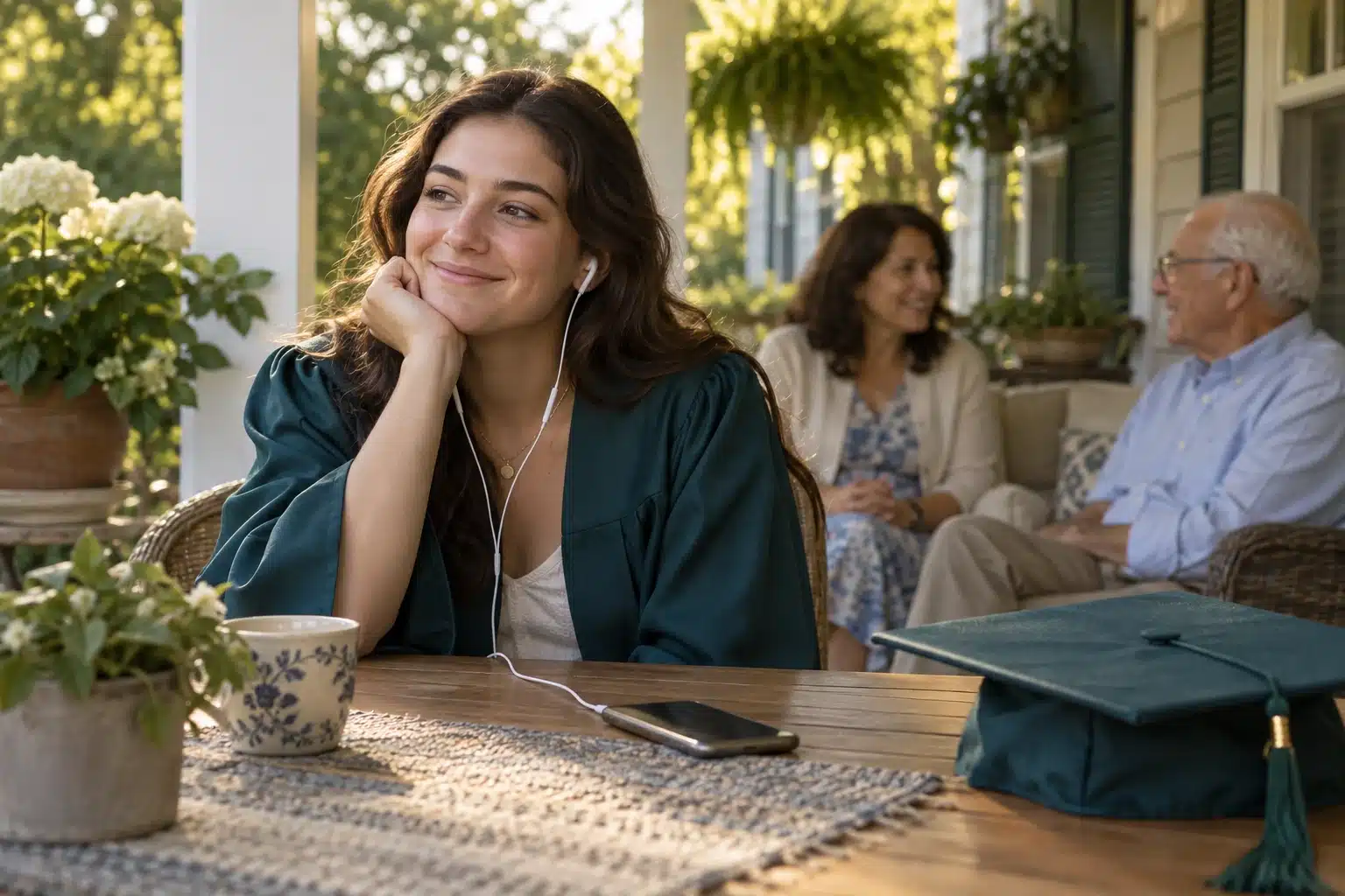 A graduate listens through earphones beside a graduation cap, with family nearby.