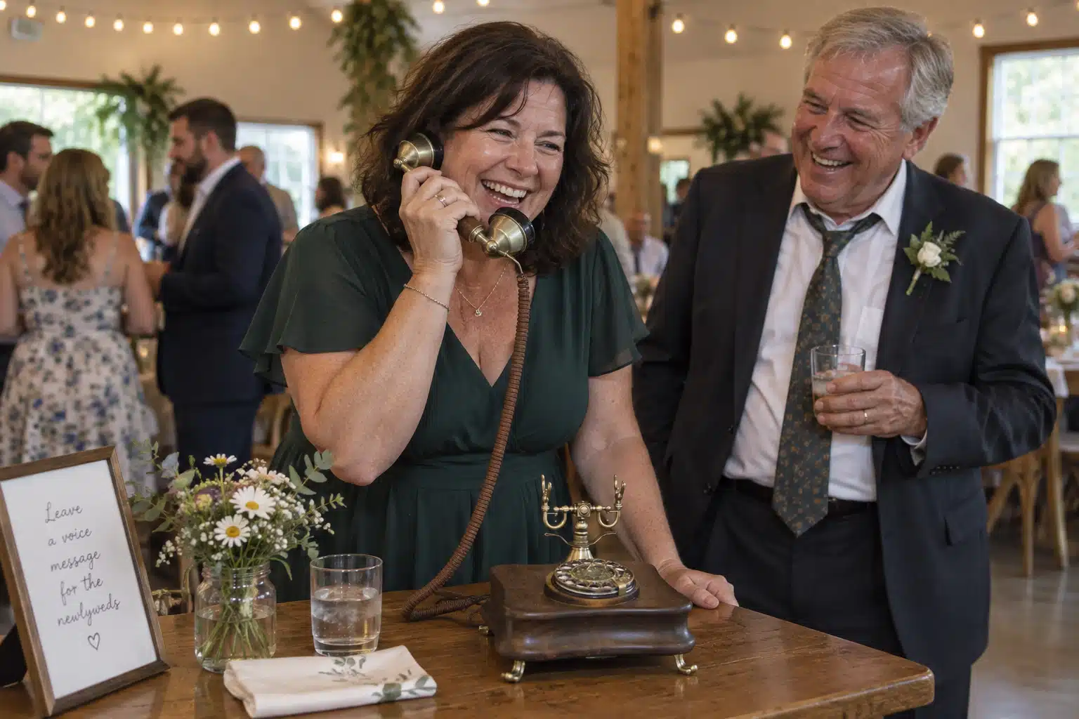 A wedding guest records a message with a brass and wood handset while another guest laughs beside her.