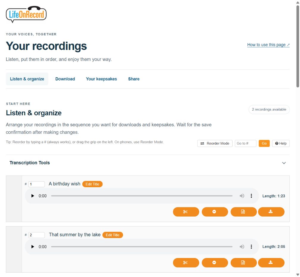 My Recordings task links and players, with recording lengths and the expandable Transcription Tools heading.