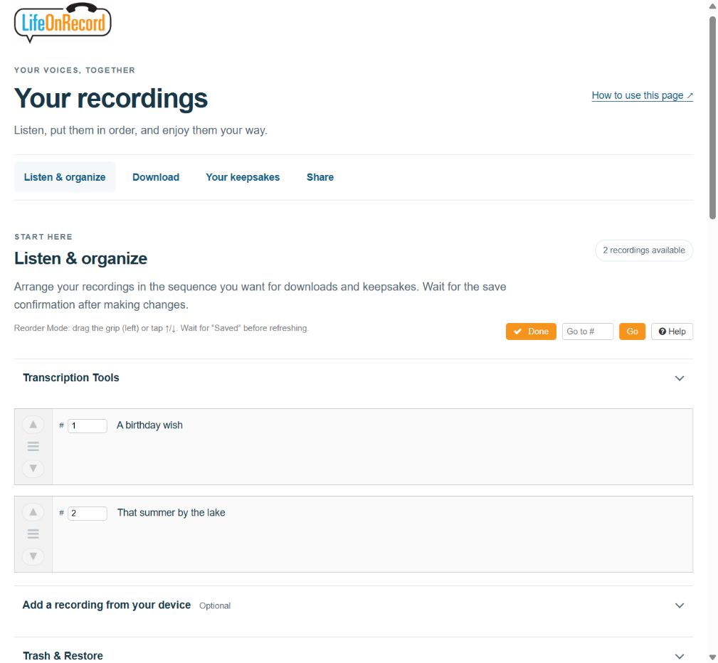 Reorder Mode showing recording positions, movement controls, and expandable tools below the list.