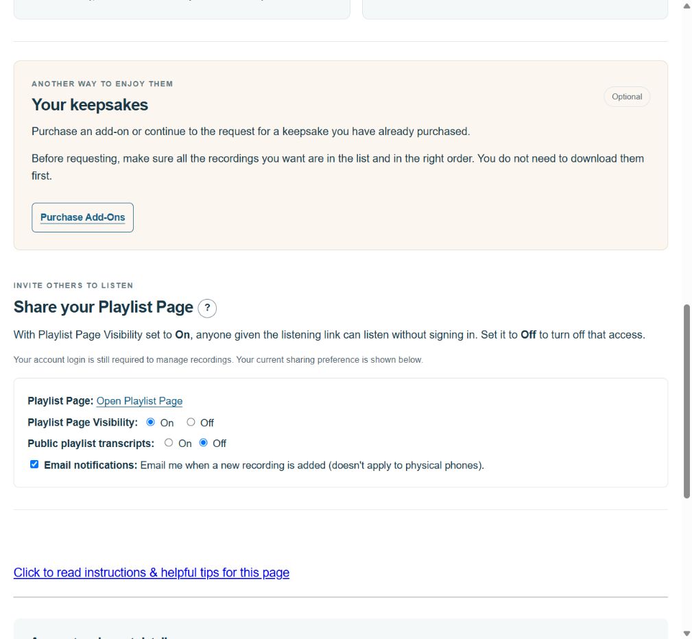 The Your keepsakes section with Purchase Add-Ons.